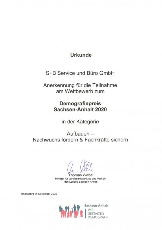 Urkunde Demografiepreis Sachsen-Anhalt 2020