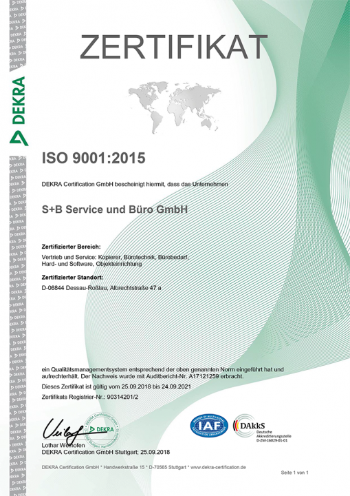 ISO 9001 Zertifikat - Service und Büro GmbH Dessau